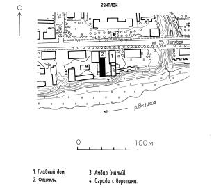 Псковская обл., г. Остров, ул. 25 Октября, 32-а  Усадьба городская Коробовского. Амбар (большой)  Около 1893 г.  Генплан.